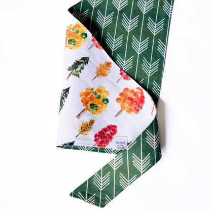 Tripps Favourite Watercolour Fall Trees Reversible with arrow on forest green Bandana